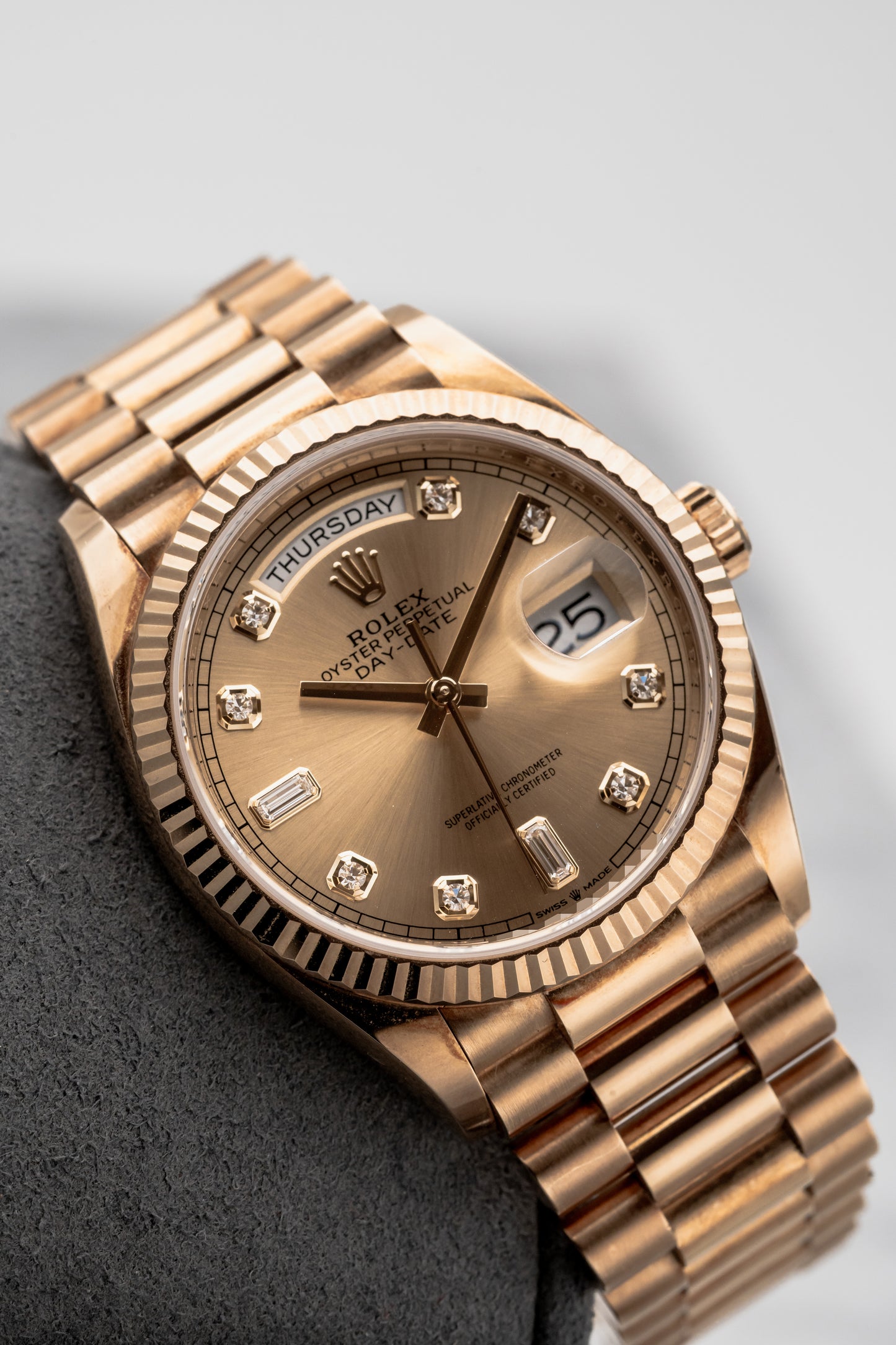 Rolex Day-Date 36 128238, Champagne Dial with Diamond Hour Markers