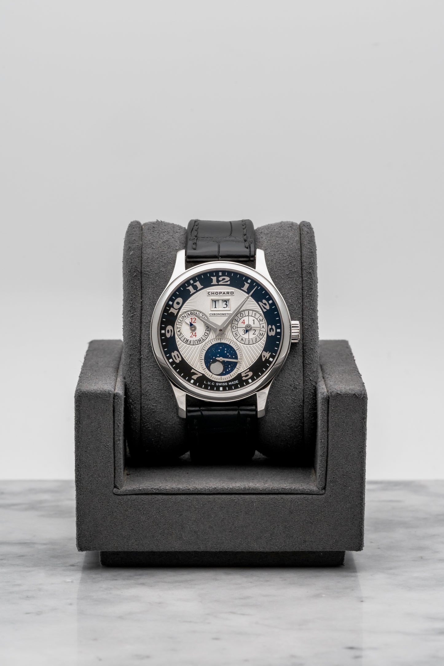 Chopard L.U.C Lunar One Perpetual Calendar 161894, Black and Silver Guilloché Dial, Platinum