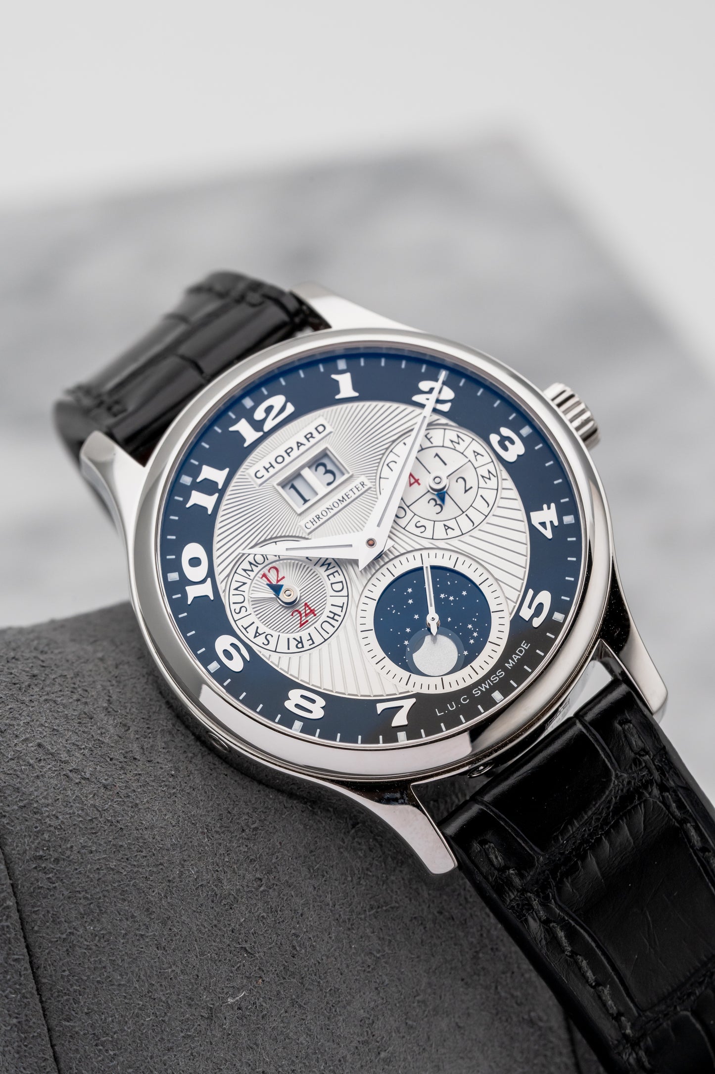 Chopard L.U.C Lunar One Perpetual Calendar 161894, Black and Silver Guilloché Dial, Platinum