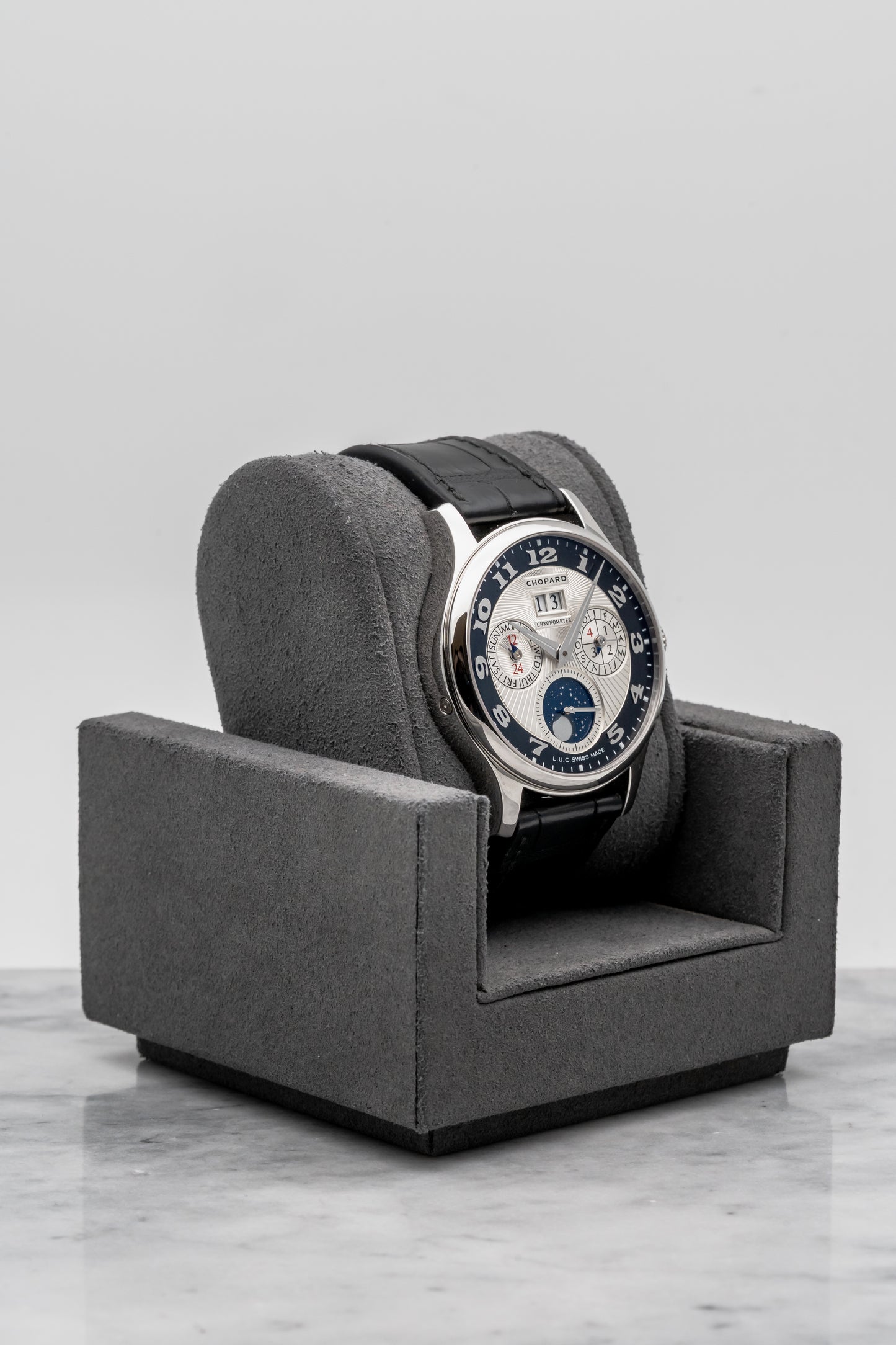 Chopard L.U.C Lunar One Perpetual Calendar 161894, Black and Silver Guilloché Dial, Platinum