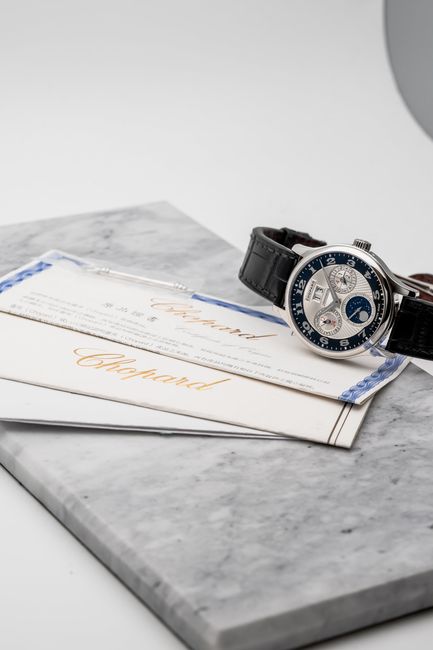 Chopard L.U.C Lunar One Perpetual Calendar 161894, Black and Silver Guilloché Dial, Platinum