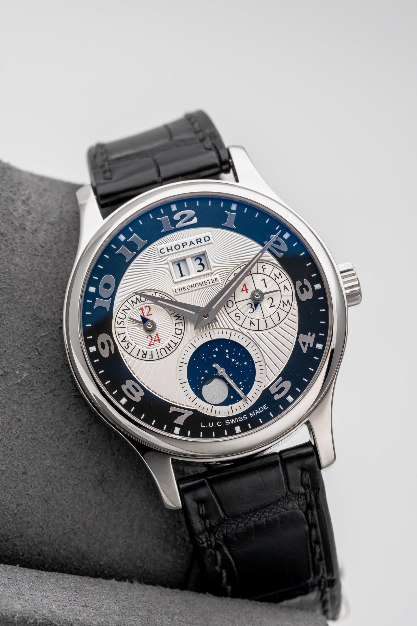 Chopard L.U.C Lunar One Perpetual Calendar 161894, Black and Silver Guilloché Dial, Platinum