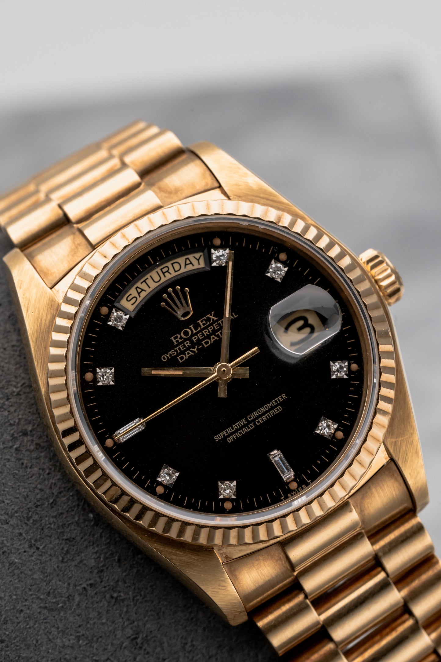 Rolex Day-Date 36 18038 Black Dial with 10 Pt Diamonds
