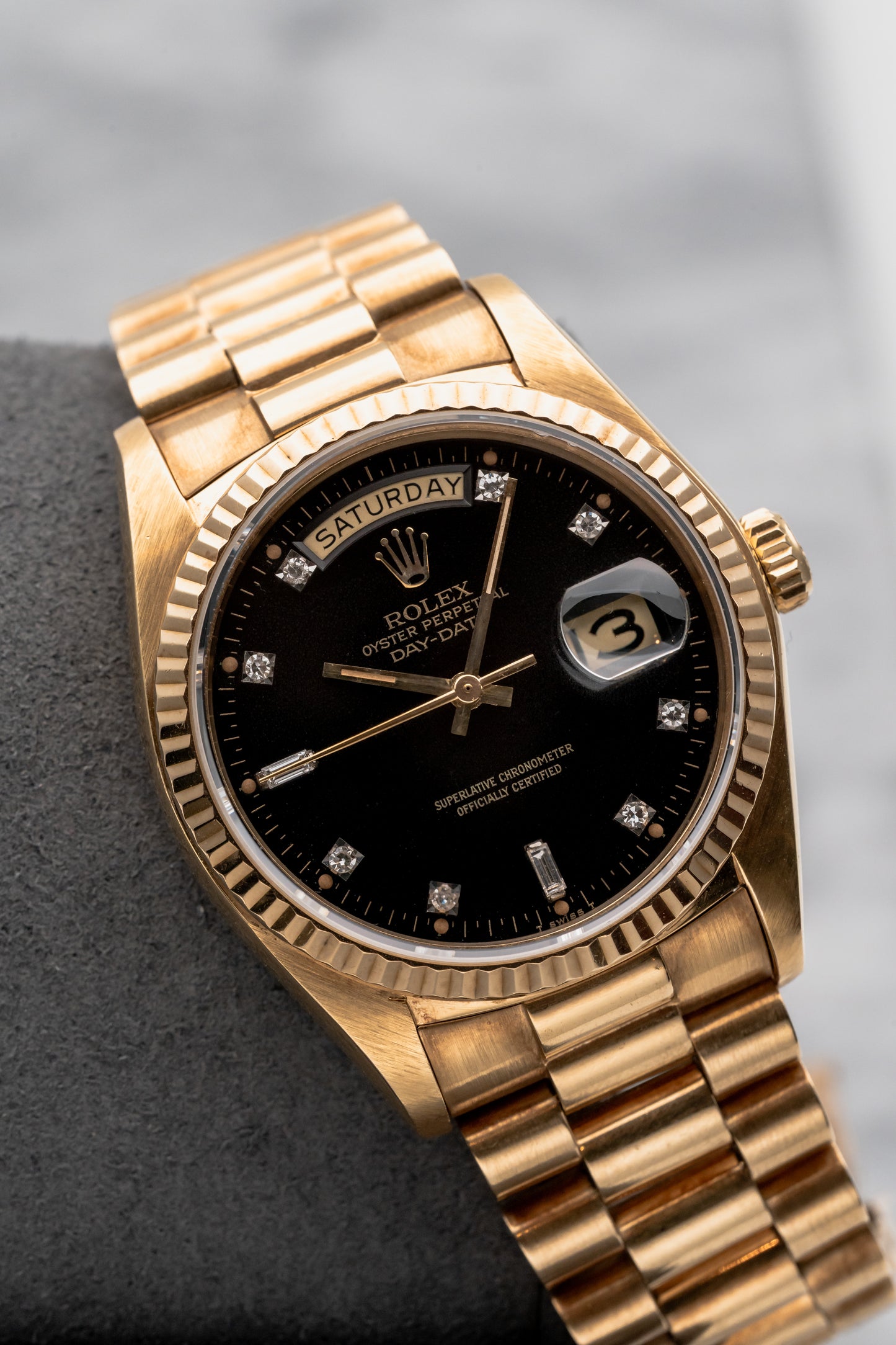 Rolex Day-Date 36 18038 Black Dial with 10 Pt Diamonds