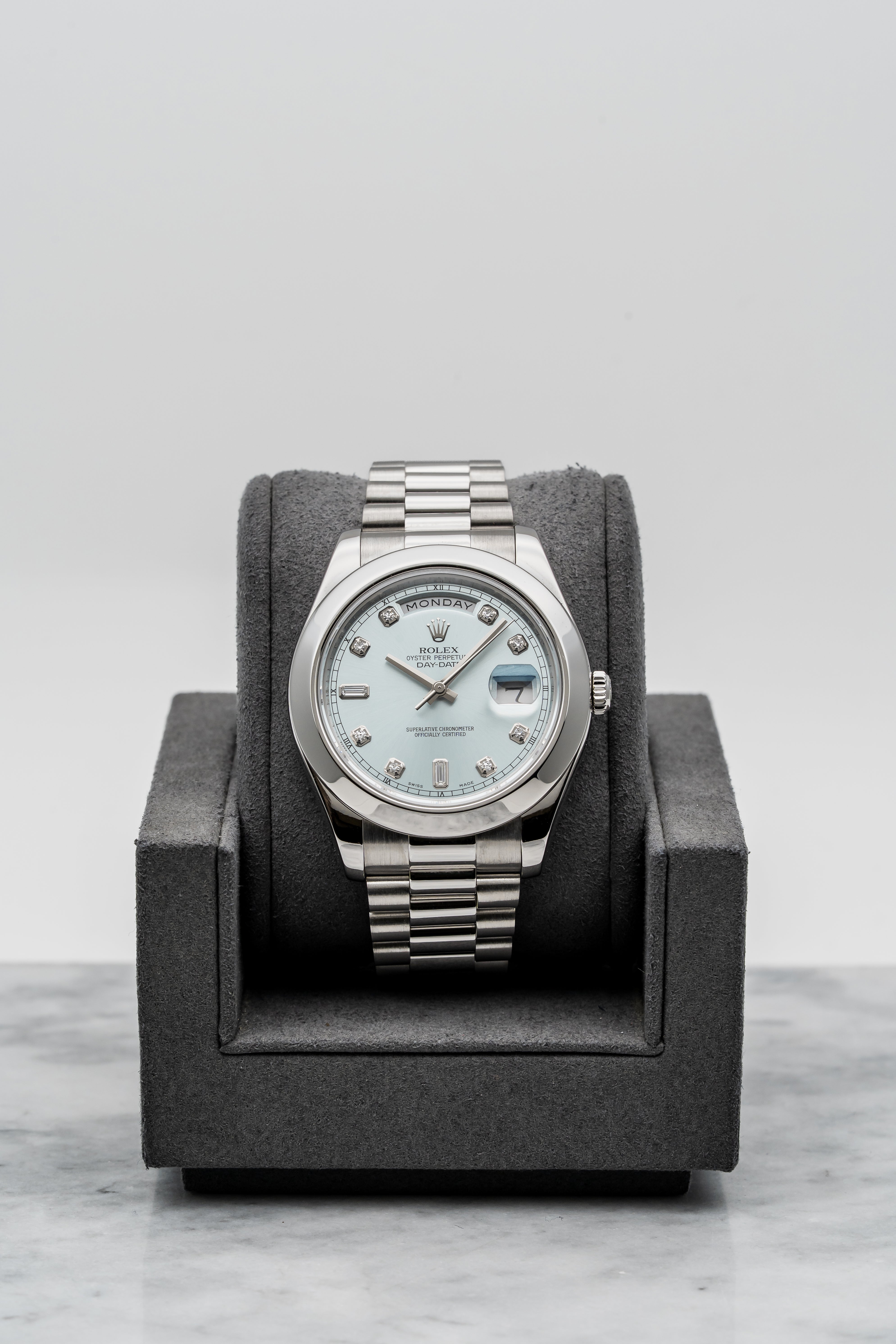 Rolex Day-Date II 218206 Platinum, Baby Blue Dial with Diamonds – TimeTells