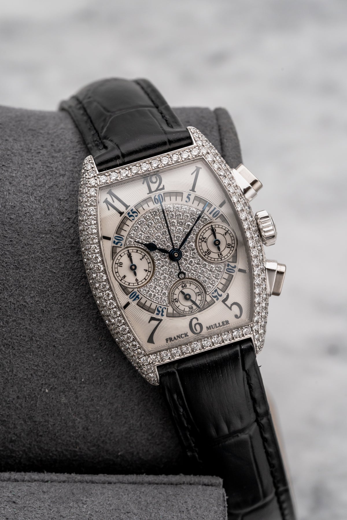 Franck Muller Cintree Curvex Chronograph Pavé 7502 CC Silver Guilloché Dial