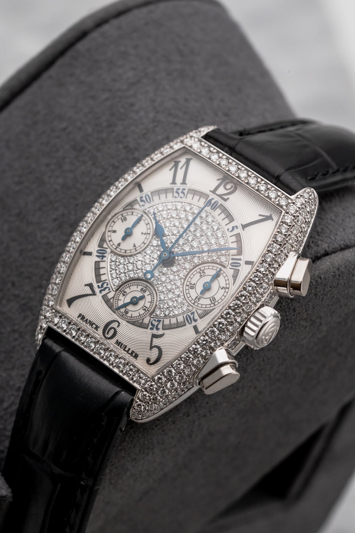 Franck Muller Cintree Curvex Chronograph Pavé 7502 CC Silver Guilloché Dial