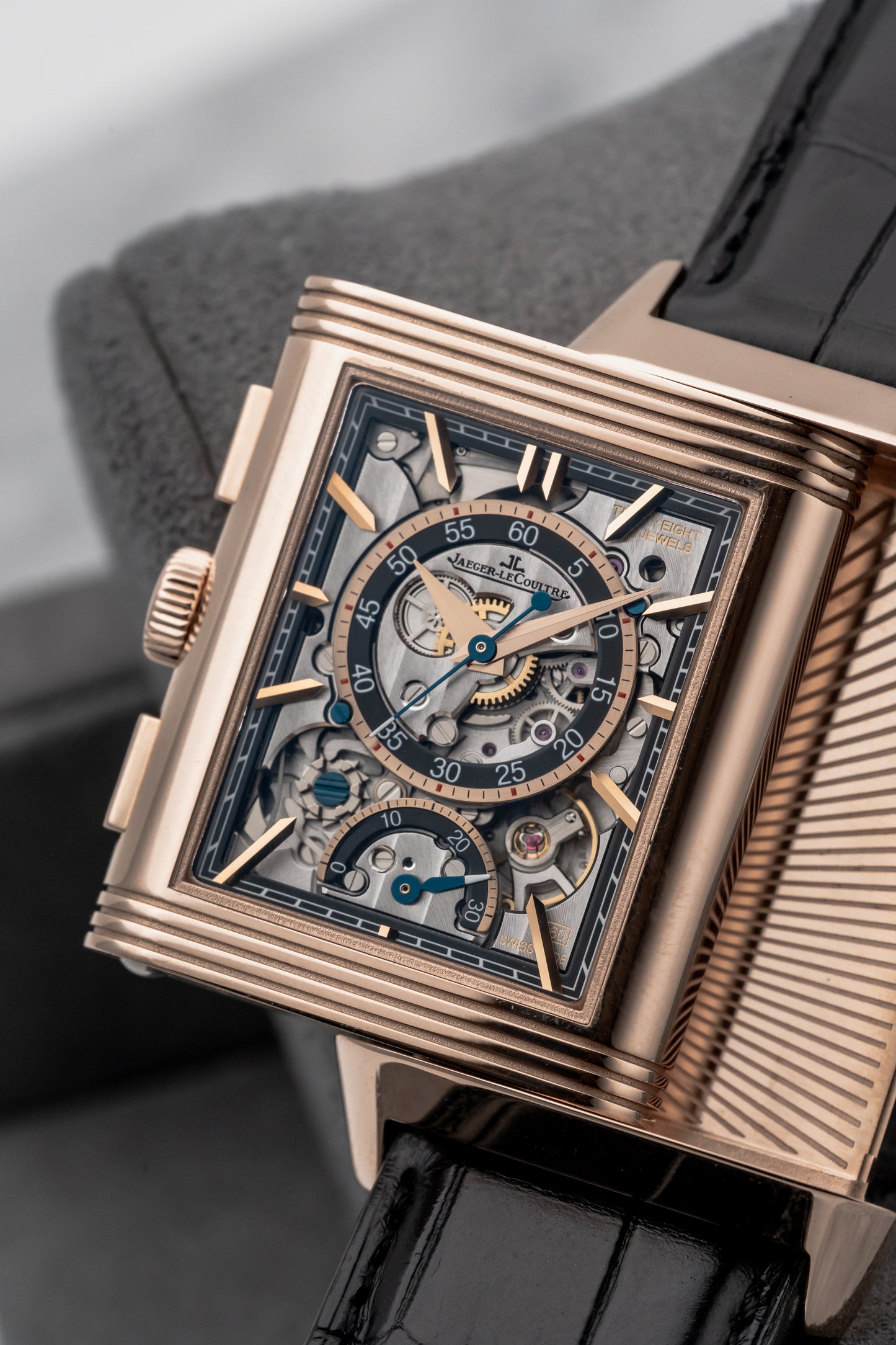 Jaeger-LeCoultre Reverso Tribute Chronograph Q389257J, Skeleton Dial, Rose Gold